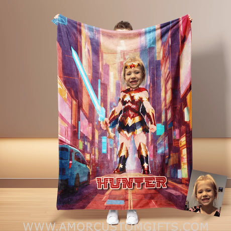 Blankets Personalized Wonder Girl 4 Photo Blanket | Custom Face & Name Superhero Girl Blanket