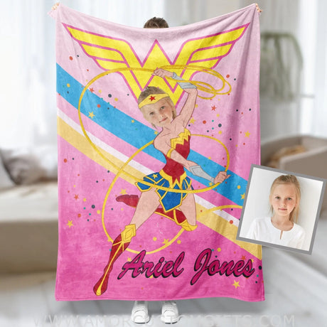 Blankets Personalized Wonder Girl Photo Blanket, Custom Wonder Woman blanket