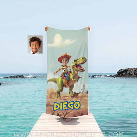Towels Personalized Woody Riding T-Rex Dino Boy Photo Beach Towel