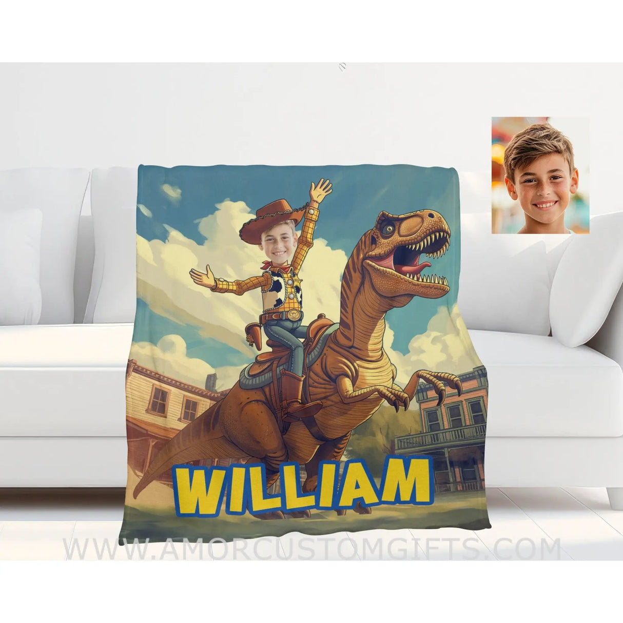 Blankets Personalized Woody Riding T-Rex Dino Boy Photo Blanket