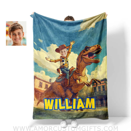 Blankets Personalized Woody Riding T-Rex Dino Boy Photo Blanket