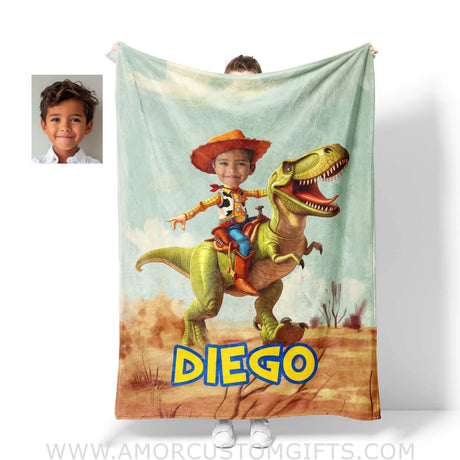 Blankets Personalized Woody Riding T-Rex Dino Photo Blanket