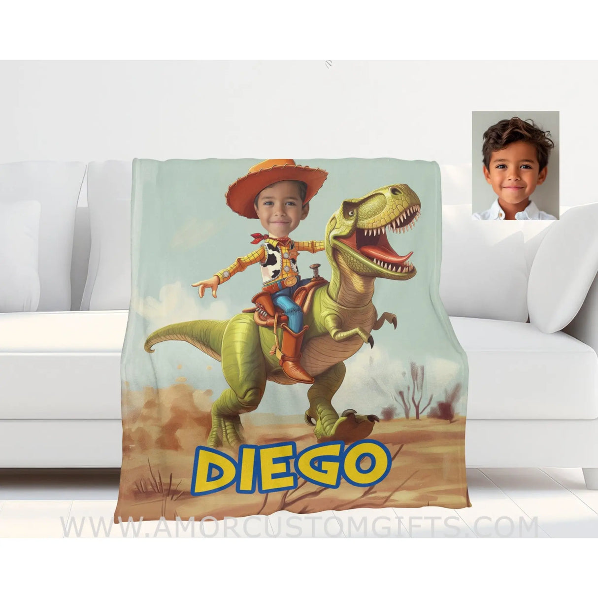 Blankets Personalized Woody Riding T-Rex Dino Photo Blanket
