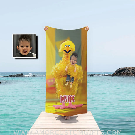 Personalized Yellow Big Bird Sesame Boy Photo Beach Towel Towels