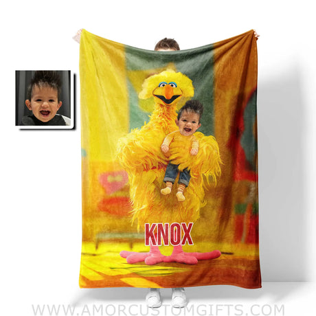 Personalized Yellow Big Bird Sesame Boy Photo Blanket Blankets