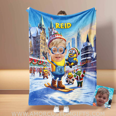 Blankets Personalized Yellow Mini Onion Boy 2 Photo Blanket | Custom Face & Name Blanket For Boys