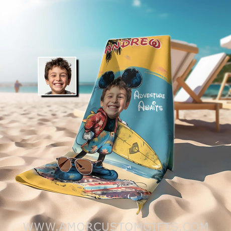 Towels Personalized Yellow Retro Cartoon Mouse Boy On Summer Day Photo Beach Towel