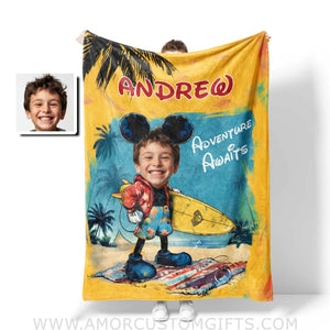 Blankets Personalized Yellow Retro Cartoon Mouse Boy On Summer Day Photo Blanket