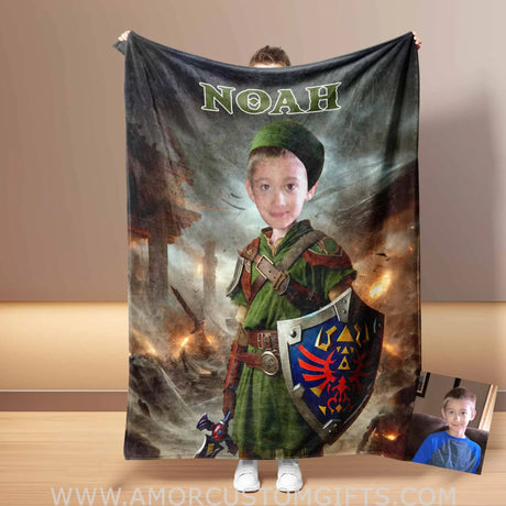 Blankets Personalized Zelda Green Boy Blanket | Custom Face & Name Boy Photo Blanket
