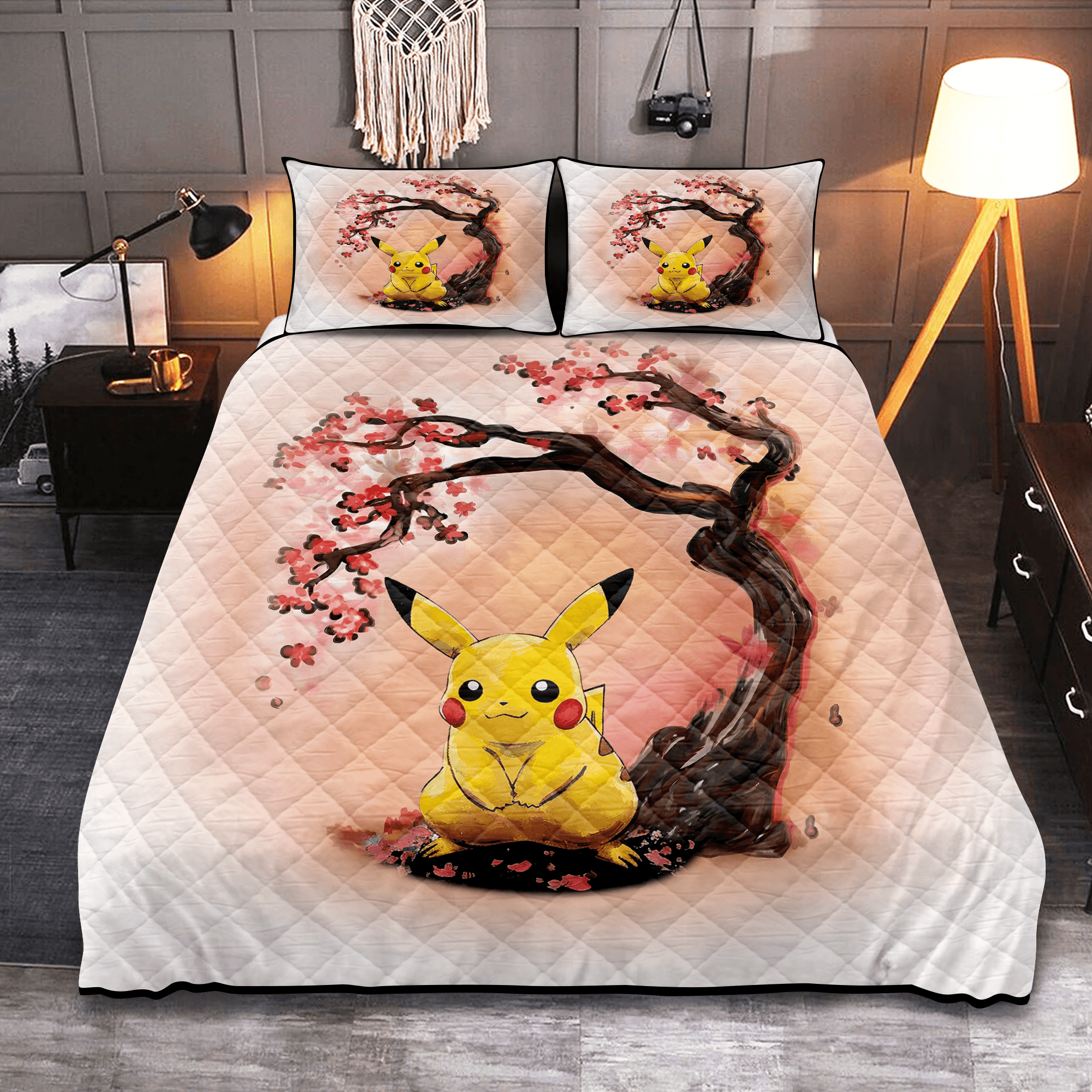 Personalized Pikachu Cherry Blossom3-pc Quilt Bedding Set for Fans ...