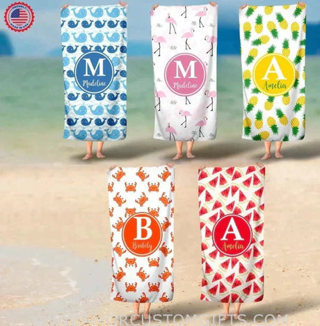Towels Pineapple Towel, Monogram Personalized Beach Towel, Summer Tropical Fruit Beach Towel, Crab Towel