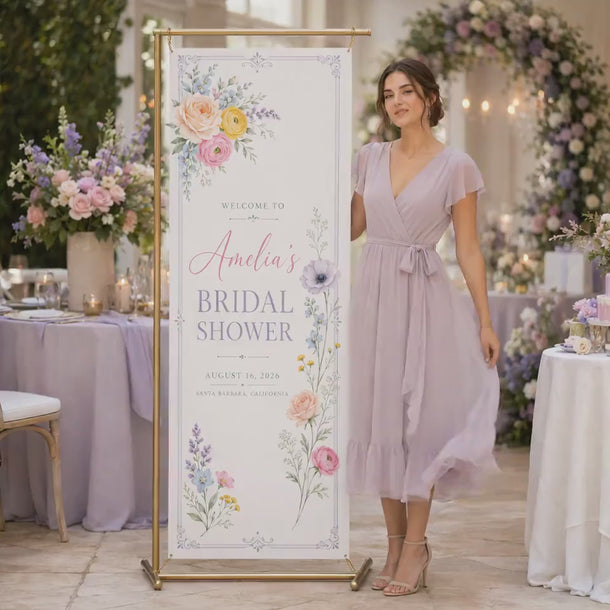 Custom Bridal Shower Banner Tapestry, Personalized Floral Welcome Sign, Linen Wedding Backdrop