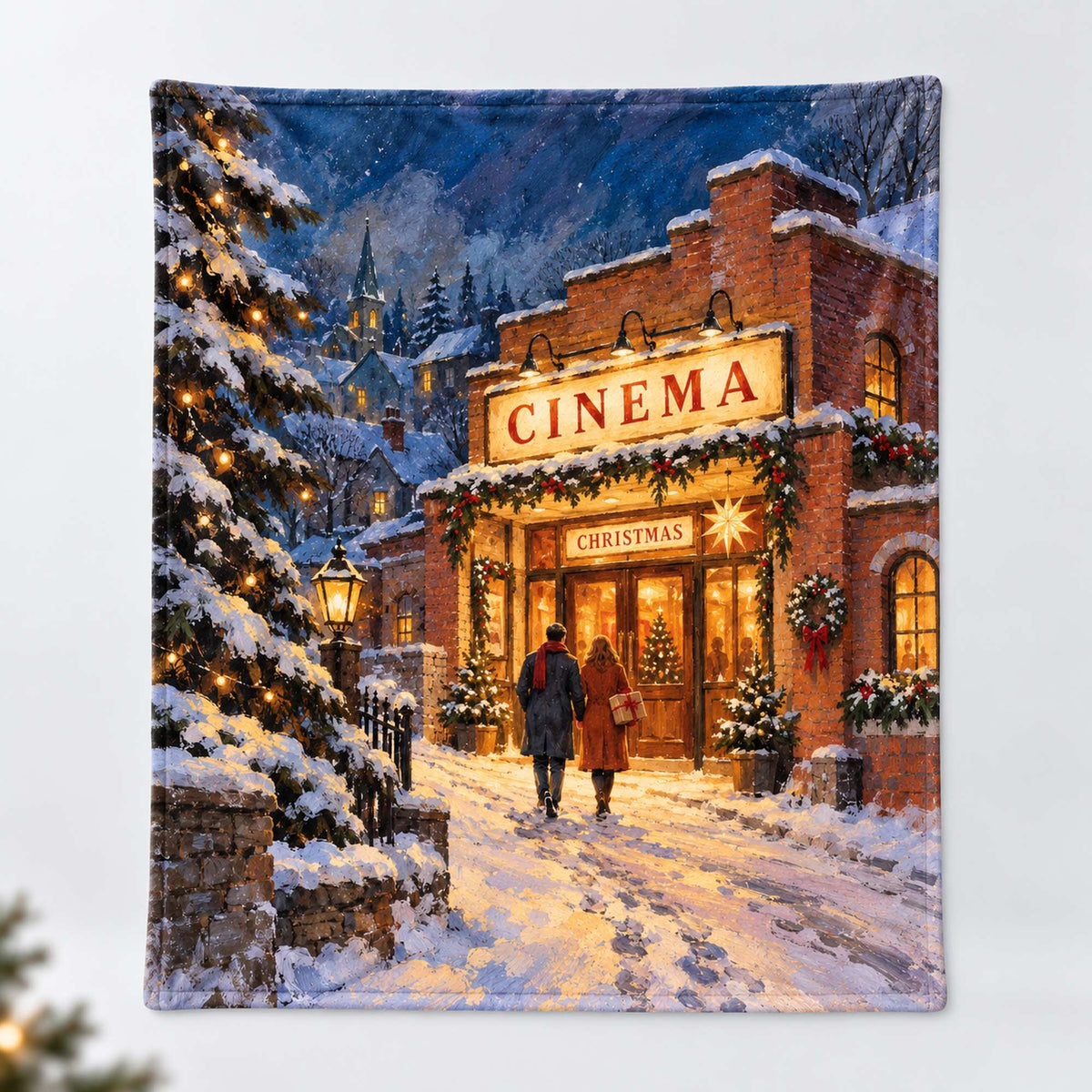 Personalized Snowlight Cinema Christmas Blanket - Custom Name Snowy Picturehouse Fleece Throw, Winter Movie Night Gift for Film Lovers