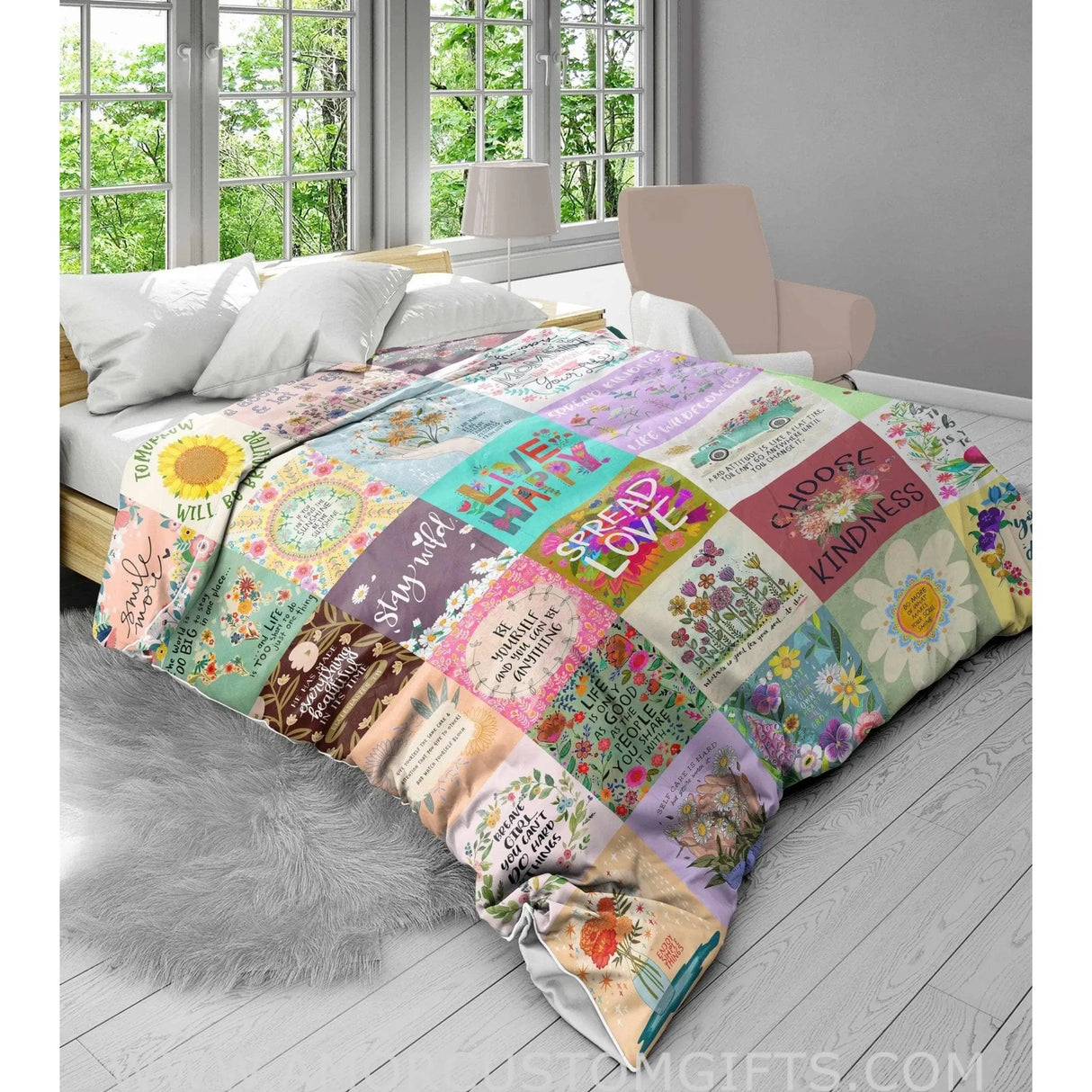 Blankets Taste Of Life With Nature Patchwork Blanket, Personalized Custom Floral Fleece Blanket,  Customized Blanket