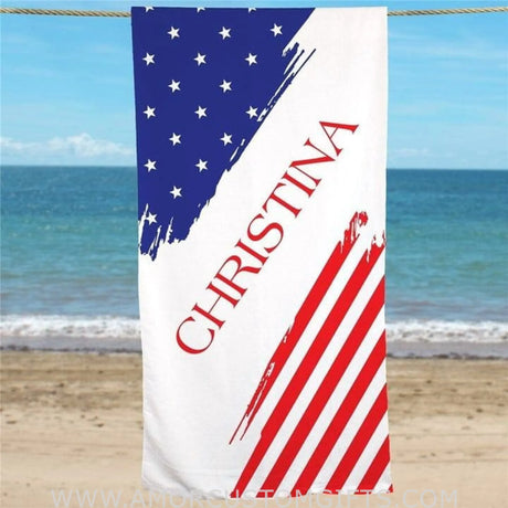 Towels US Flag 4th of July Personalized Beach Towel With Name Outside Birthday Vacation Gift