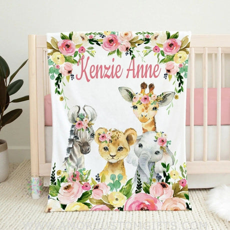 Blankets USA MADE Animals Floral Girl Name Blanket, Blush Pink Flowers Personalized  Safari Jungle Baby Blanket Newborn Baby Shower Gift