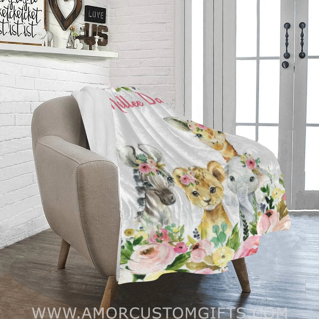 Usa Made Animals Floral Girl Name Blanket Blush Pink Flowers Personalized Safari Jungle Baby