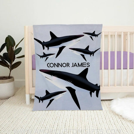 Blankets Baby Blanket, Navy and White Sharks Blanket, Custom Name Shark Blanket, Shark Boy Name Blanket