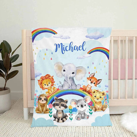 Blankets USA MADE Baby Blanket Personalized, Rainbow Animals Custom Baby Blankets for Baby Boy Gifts Baby Products