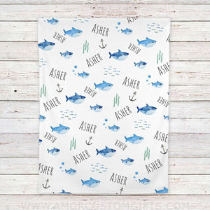 Blankets USA MADE Baby Sharks Personalized Baby Blanket - Custom Baby Boy Blanket- Gift Newborn Blanket- Baby Girl Blanket- Soft and Safe for Babies