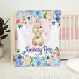 Blankets Bunny Rabbit Floral Baby Blanket Blue Coral Blush Pink Flowers, Personalized Baby Shower Gift