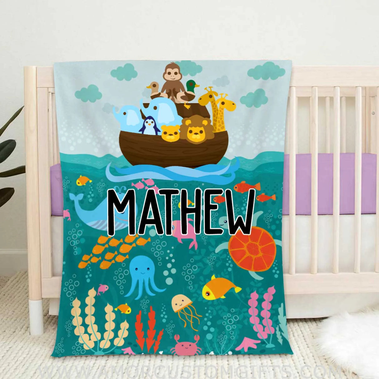Blankets Customized Baby Blankets, Noah's boat - Noah's ark and Animals Throw Blanket Ocean Blanket for Boy and Girl