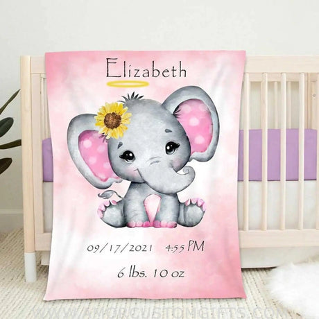 Blankets Customized Elephant Baby Blankets, Sunflowers Elephant Blanket, Gift for Newborn , Boy Birthday and Girl Birthday Baby Blanket Fleece