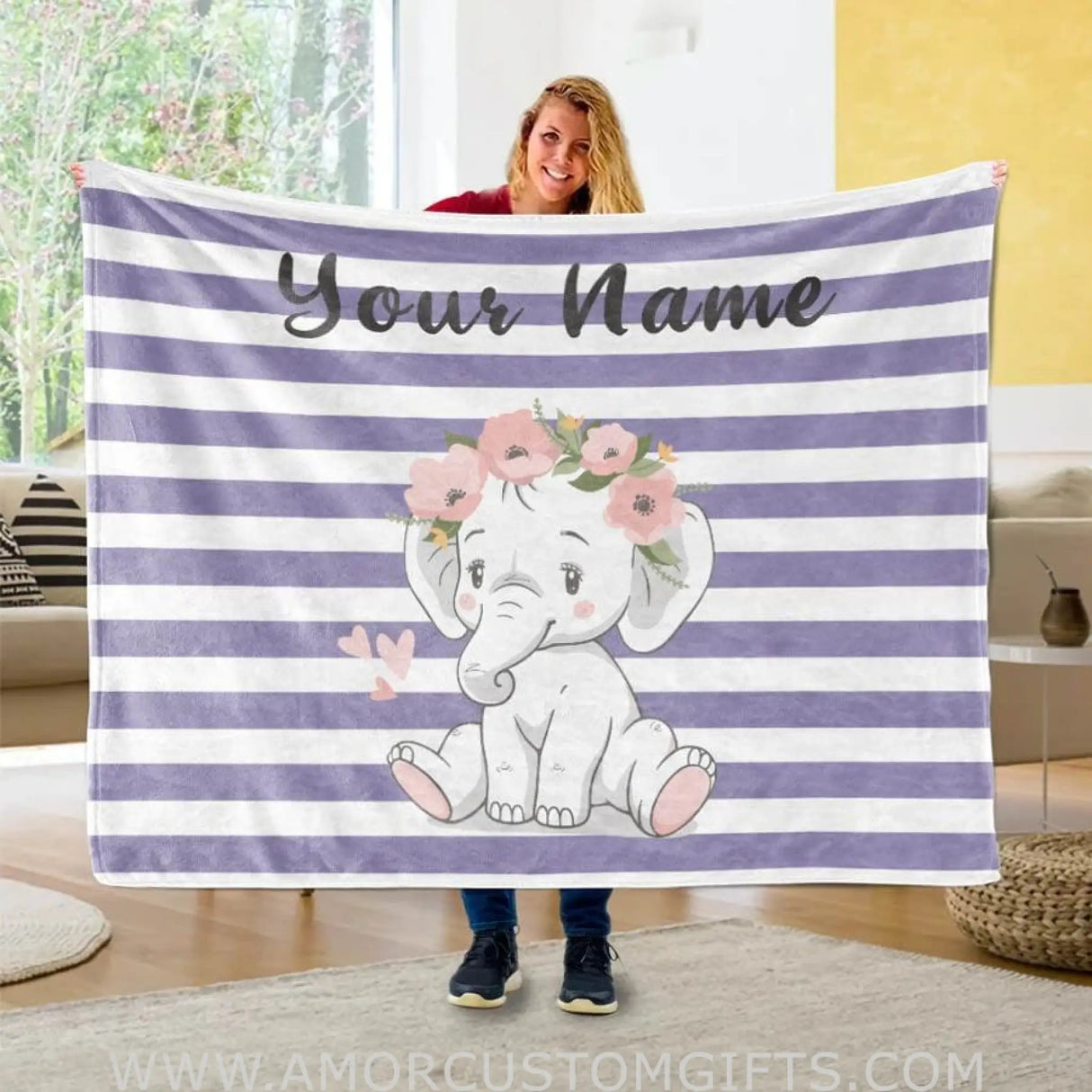 Blankets Customized Floral elephant Baby Name Fleece Blankets, Kids Elephant Throw Blanket