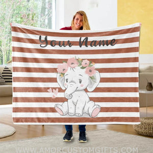 Blankets Customized Floral elephant Baby Name Fleece Blankets, Kids Elephant Throw Blanket