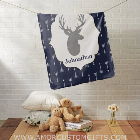 Blankets Deer Baby Blanket, Personalized Baby Boy Blanket, Modern Rustic Gray Deer & White Arrows Baby's Name Blanket, Baby Gifts