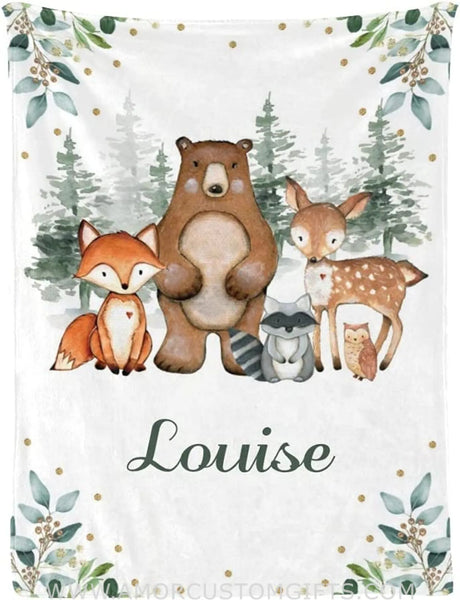 Blankets USA MADE Elegant Greenery Woodland Forest Animals Personalized Baby Blankets for Boys Girls, Baby Blankets Swaddle Newborn Gifts