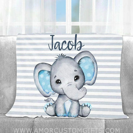 Blankets USA MADE Elephant Baby Blanket Boy, Custom Swaddle Blanket, Personalized Newborn Swaddle, Blue And Gray Elephant Baby Shower, Boy Swaddle Gift