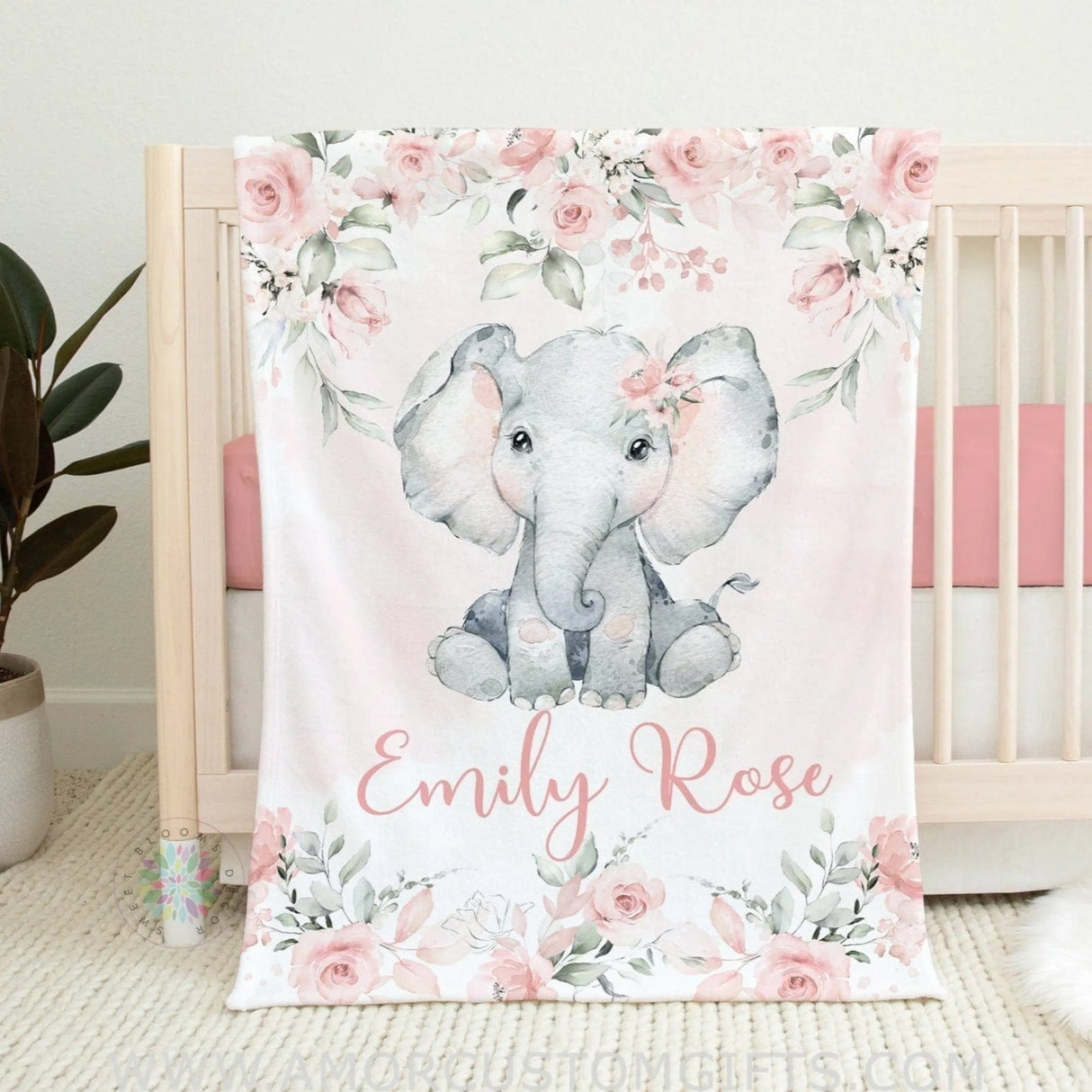 Blankets Elephant Floral Baby Blanket, Personalized Blush Pink Flowers  Roses Name Blanket, Baby Shower Gift