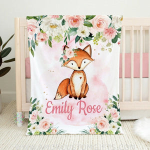 Blankets Fox Floral Baby Girl Name baby Blanket, Blush Pink Watercolor Flowers Personalized Newborn Baby Girl Shower Gift