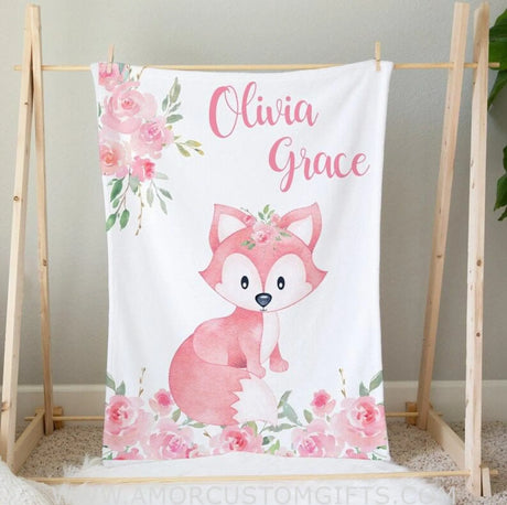 Blankets Girl Fox Personalized Blanket Girl Name Blanket, Pink Flower Fox Baby Blanket, Baby Shower Gift, Woodland Animal Blanket