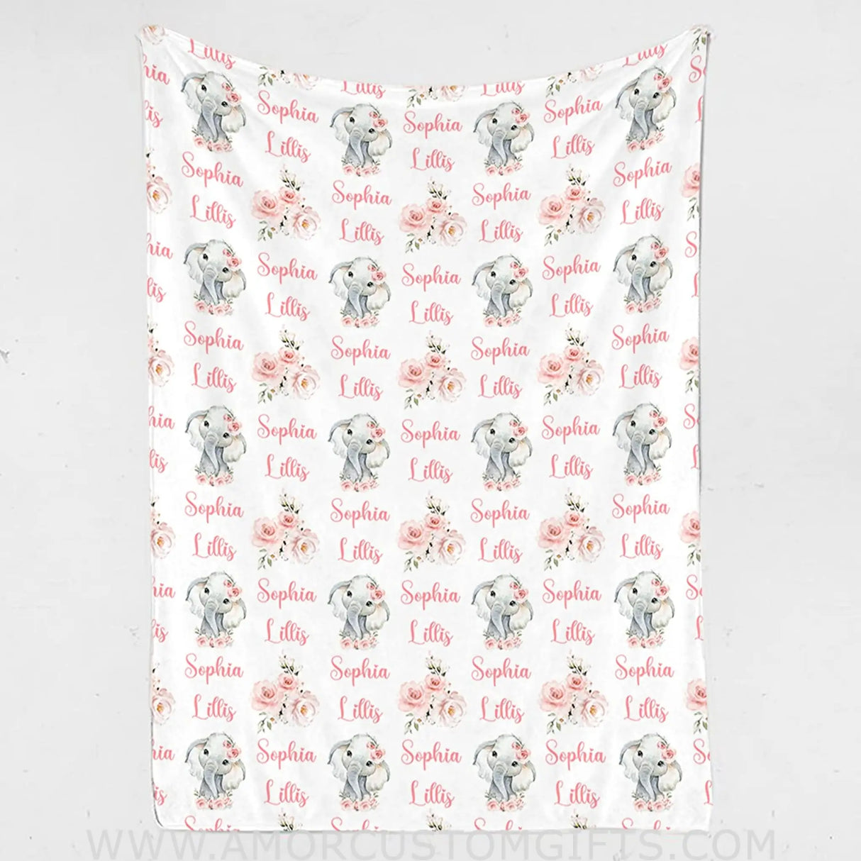 Blankets Monogrammed Baby Blanket - Personalized Baby Blanket for Girl with Name Reapeat, Custom Pink Floral Elephant Baby Blanket