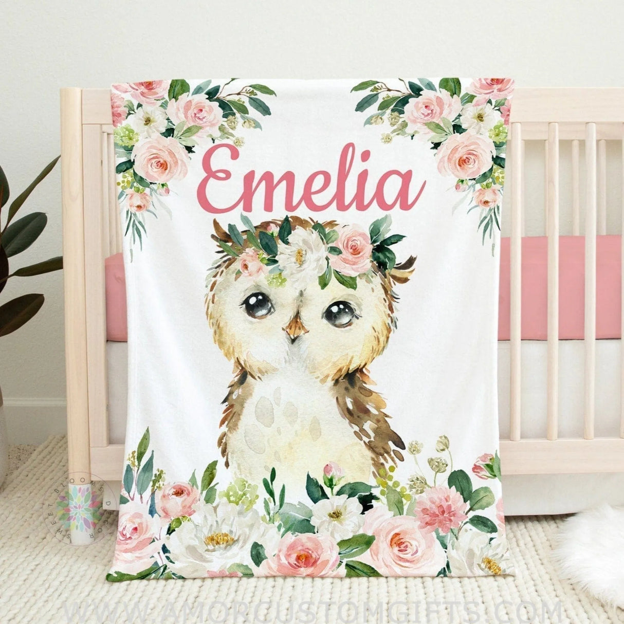 Blankets USA MADE Owl Floral Baby Girl Name baby Blanket, Blush Pink Watercolor Flowers Personalized Blanket, Baby Shower Gift