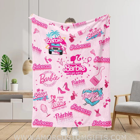 Blankets USA MADE Personalized Accessories Barbie Inspired Pink Girl 2 Blanket| Custom Name Baby Girl Blanket