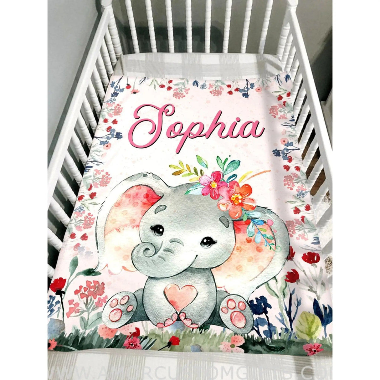 Blankets USA MADE Personalized Baby Blanket For Daughter, Cute Elephant & Colorful Flower Printed Custom Name Baby Reveal Blanket