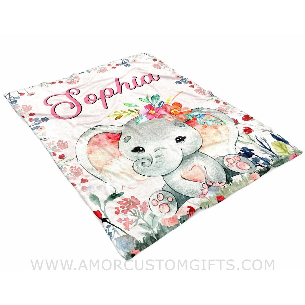 Blankets USA MADE Personalized Baby Blanket For Daughter, Cute Elephant & Colorful Flower Printed Custom Name Baby Reveal Blanket