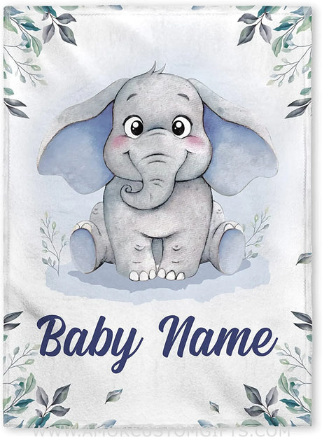 Blankets Personalized Baby Blankets, Custom Baby Blanket - Baby Blanket with Name for Boys, Best Gift for Baby, Newborn Elephants Flush Fleece