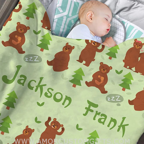 Blankets USA MADE Personalized Baby Blankets, Customized Woodland bear Baby Boys Blanket with Name