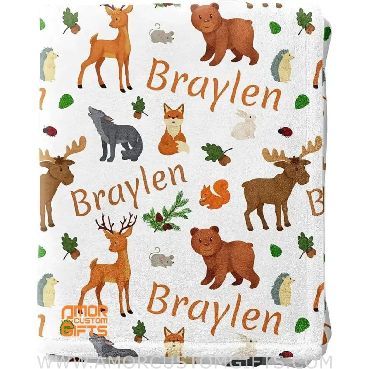 Blankets USA MADE Personalized Baby Blankets for Girls & Boys, Woodland Animals Fox, Deer, Moose, Bear - Custom Blankets for Baby Shower