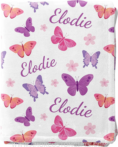Blankets Personalized Baby Blankets for Girls with Name and Purple Butterflies - Blankets for Baby Shower, Birthday, Christmas