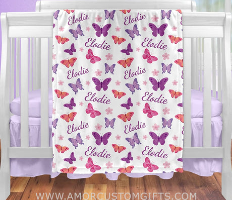Blankets USA MADE Personalized Baby Blankets for Girls with Name and Purple Butterflies - Blankets for Baby Shower, Birthday, Christmas
