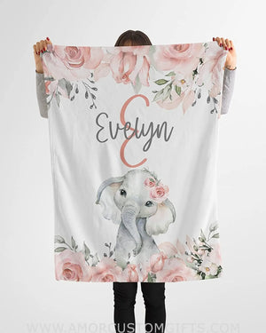 Blankets Personalized Baby Blankets for Girls with Name - Floral Elephant Baby Blanket, Birthday Gift, Receiving Girls Blanket