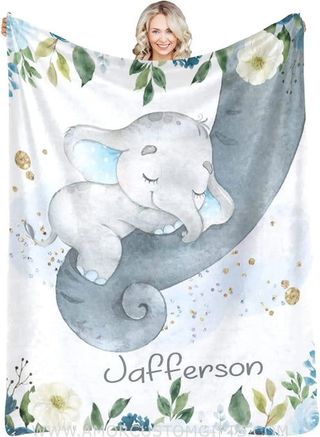Blankets Personalized Baby Blankets with Name for Boy Girl, Elephant Baby Girls Blanket