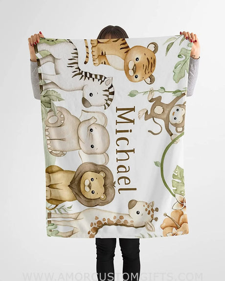 Blankets USA MADE Personalized Baby Blankets, Woodland Baby Animals Personalized Baby Blanket for Boys with Name, Baby Gifts Swadding Blankets
