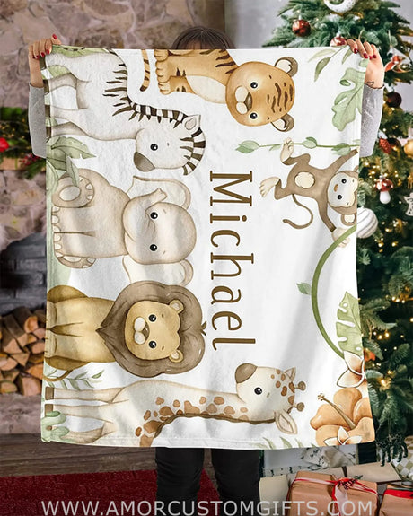Blankets USA MADE Personalized Baby Blankets, Woodland Baby Animals Personalized Baby Blanket for Boys with Name, Baby Gifts Swadding Blankets
