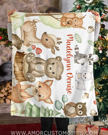 Blankets Personalized Baby Blankets, Woodland Baby Animals Personalized Baby Blanket for Girls with Name, Baby Gifts Swadding Blankets